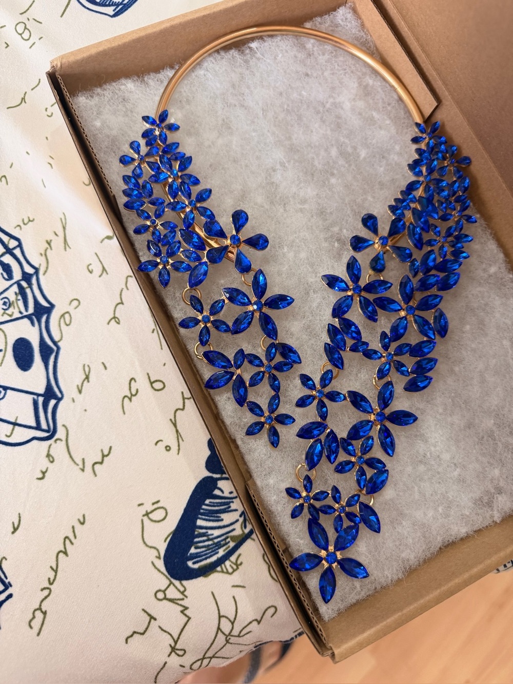 Royal Blue Crystal Floral Bib Necklace - Gold Tone
